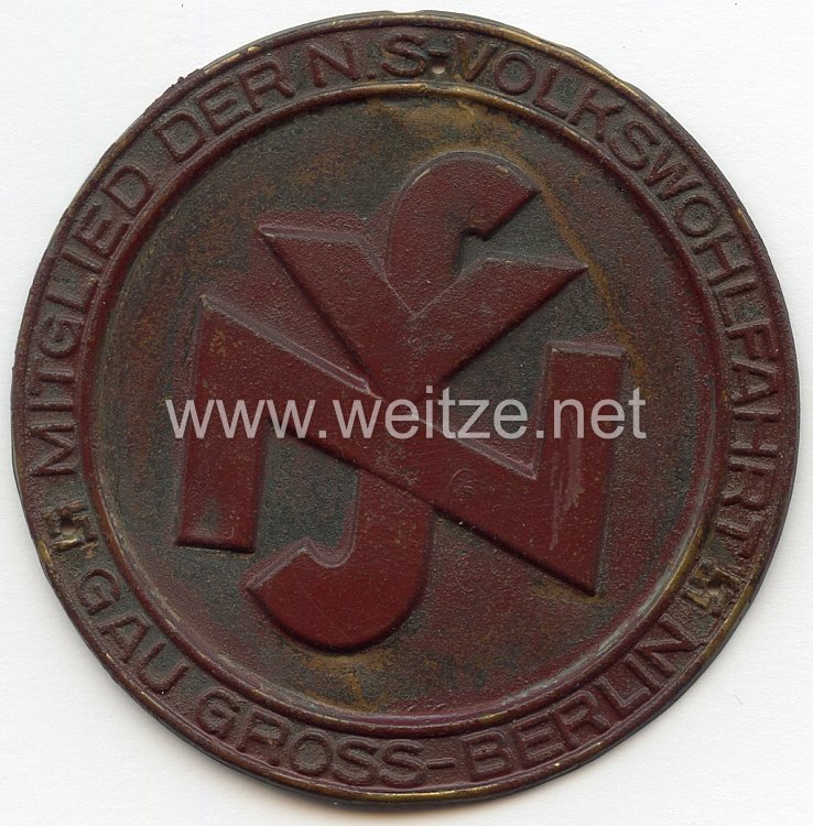 III. Reich - NSV - Türplakette - " Mitglied der NS-Volkswohlfahrt - Gau Gross-Berlin "