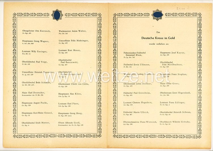 Verleihungsliste für das Deutsche Kreuz in Gold - April 1944