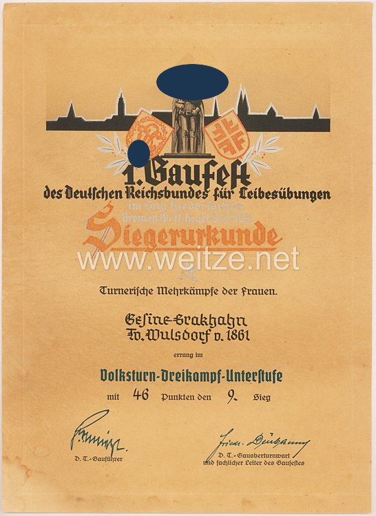 III. Reich - 1. Gaufest des Deutschen Reichsbundes für Leibesübungen - 3 Urkunden Bild 2