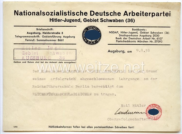 HJ - Gebiet Schwaben ( 36 ) - Berechtigung zum Tragen des Brustabzeichens für HJ-Führer als Absolventen der Reichsführerschule 