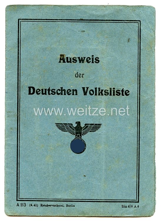 III. Reich - Ausweis der Deutschen Volksliste für einen Mann des Jahrgangs 1870 aus Alt Borowitz/Wartheland 