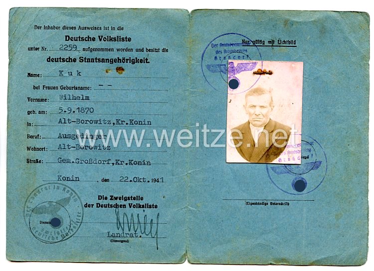 III. Reich - Ausweis der Deutschen Volksliste für einen Mann des Jahrgangs 1870 aus Alt Borowitz/Wartheland  Bild 2