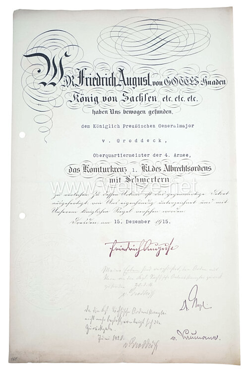 Königreich Sachsen Albrechtsordens Ordenssatz des Komturkreuzes 1. Klasse mit Schwertern des  aus dem Besitz von Generalmajor Wilhelm von Groddeck Bild 2