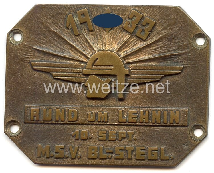 III. Reich - nichttragbare Teilnehmerplakette - " M.S.V. Bl.-Stegl. 10. Sept. 1933 Rund um Lehnin "