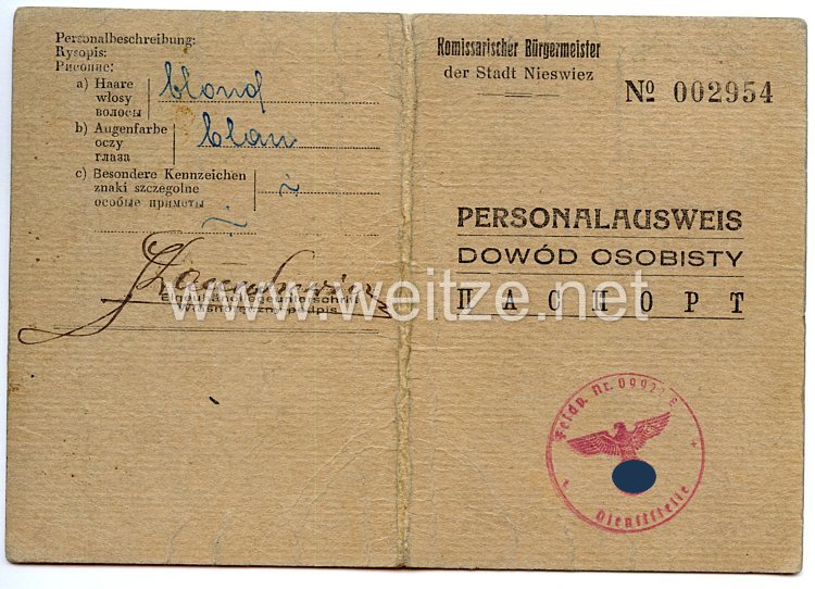 III. Reich / Kommissarischer Bürgermeister der Stadt Nieswiez - Personalausweis für einen Mann des Jahrgangs 1910