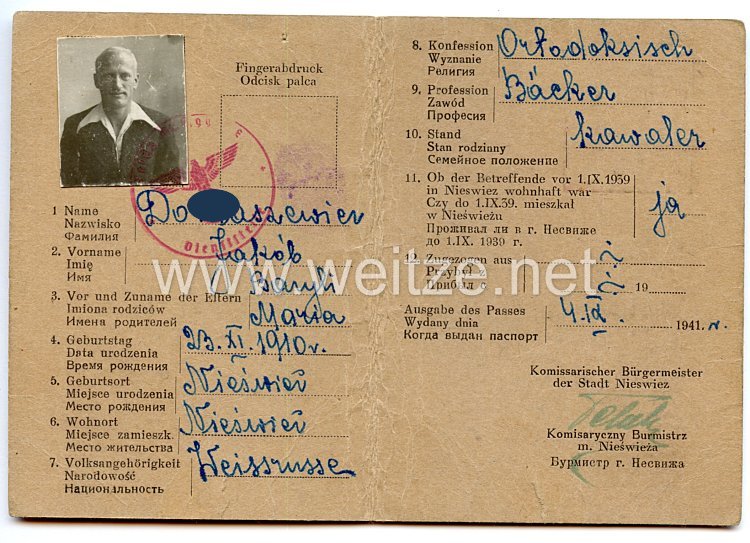 III. Reich / Kommissarischer Bürgermeister der Stadt Nieswiez - Personalausweis für einen Mann des Jahrgangs 1910 Bild 2