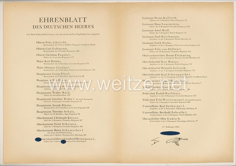 Ehrenblatt des deutschen Heeres - Ausgabe vom 17. Februar 1944