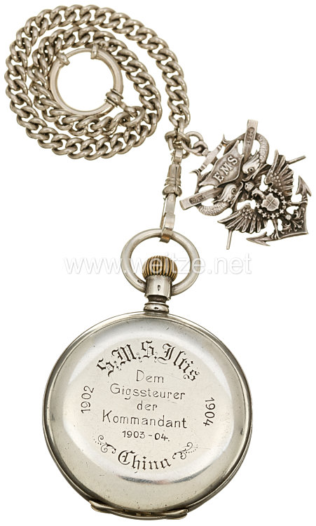 Kaiserliche Marine Silberne Taschenuhr als Geschenk des Kommandanten der S.M.S Iltis 