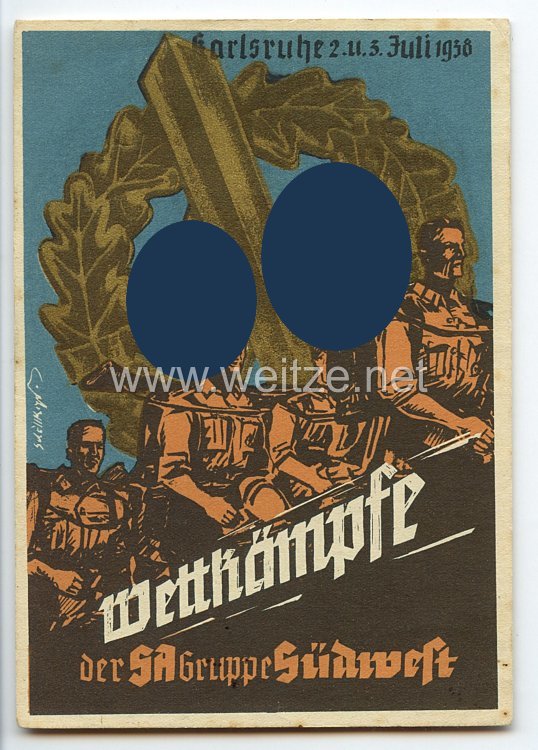 III. Reich - farbige Propaganda-Postkarte - " Wettkämpfe der SA-Gruppe Südwest Karlsruhe 2.u.3.Juli 1938 "