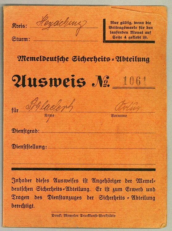 III. Reich - Memeldeutsche Sicherheits-Abteilung Kreis Heydekrug - Ausweis