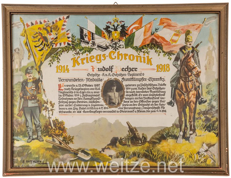 K.u.K.-Monarchie 1. Weltkrieg Gerahmter Montage "Kriegs-Chronik 1914-1918 Rudolf Pecher Schütze · k.u.k. Schützen-Regiment 6 ..."