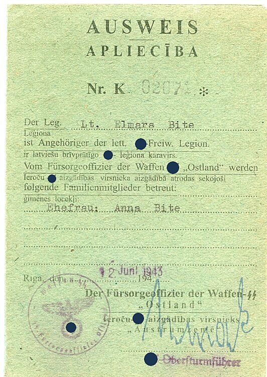 Waffen-SS - Lettische Freiwilligen-Legion - Ausweis der Waffen-SS " Ostland "