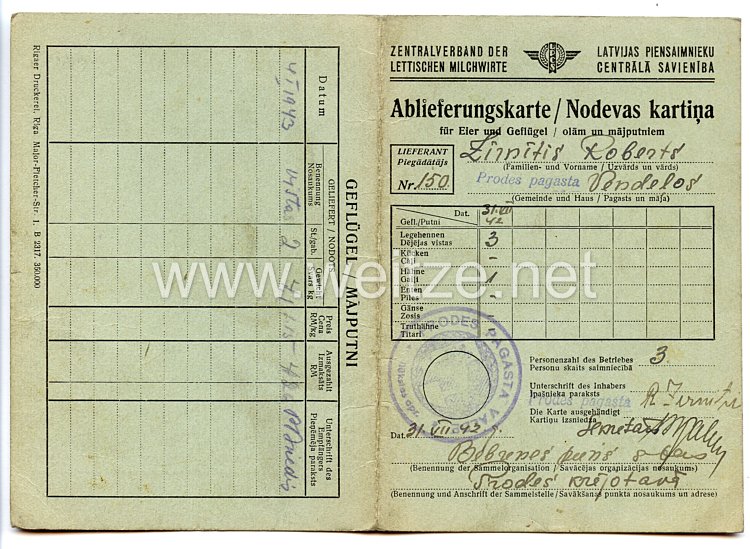 III. Reich / Lettland - Zentralverband der lettischen Milchwirte - Ablieferungskarte für einen Mann in Prodes pagasta