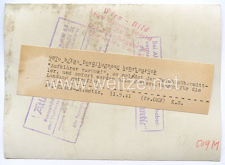Kriegsmarine Pressefoto: das Bordflugzeug kehrt zurück 11.5.1941 Bild 2