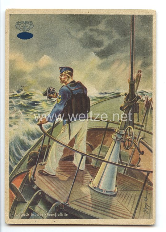 NSKK-Motorbootstandarten - farbige Propaganda-Postkarte - " Ausguck bei der Rheinflottille "