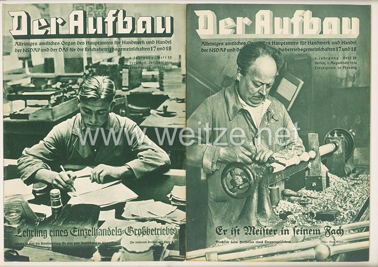 III. Reich - 2 x Ausgabe von : Der Aufbau - Alleiniges amtliches Organ der NS-Hago - 4. Jahrgang 1936 Folge 13 und 14