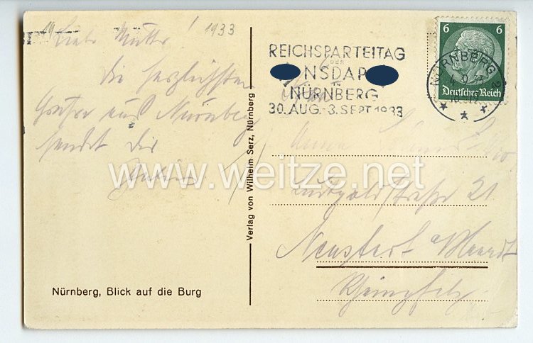 III. Reich - farbige Propaganda-Postkarte - " Zur Erinnerung an den Reichsparteitag der NSDAP vom 1.-3. Sept. 1933 in Nürnberg - Blick auf die Burg " Bild 2
