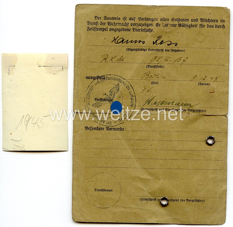 Dienstausweis für einen Angestellten im Reichsluftfahrtministerium Bild 2