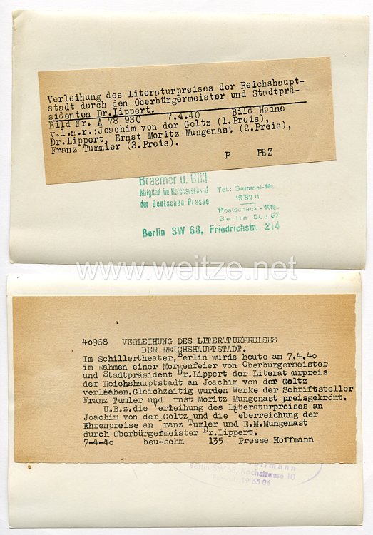 3. Reich Pressefotos: Verleihung des Literaturpreises der Reichshauptstadt an Joachim von der Goltz 7.4.1940 Bild 2