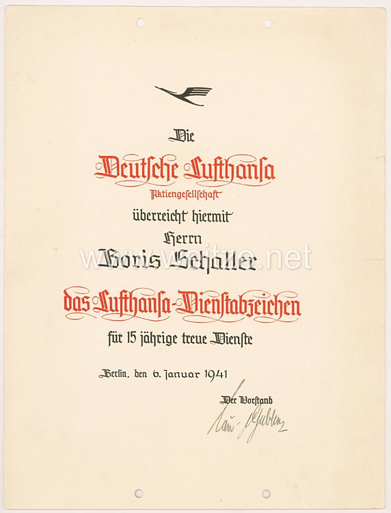 III. Reich - Deutsche Lufthansa - Verleihungsurkunde für das Lufthansa-Dienstabzeichen für 15 jährige treue Dienste
