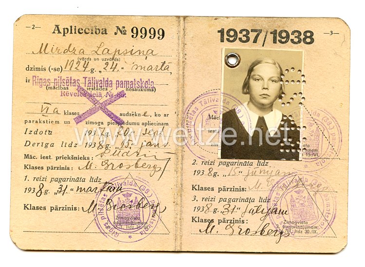 Lettland - Schülerausweis eines Mädchen des Jahrgangs 1924 Bild 2