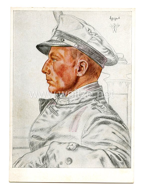 Kriegsmarine - Willrich farbige Propaganda-Postkarte - Ritterkreuzträger Kapitänleutnant Otto Schuhardt