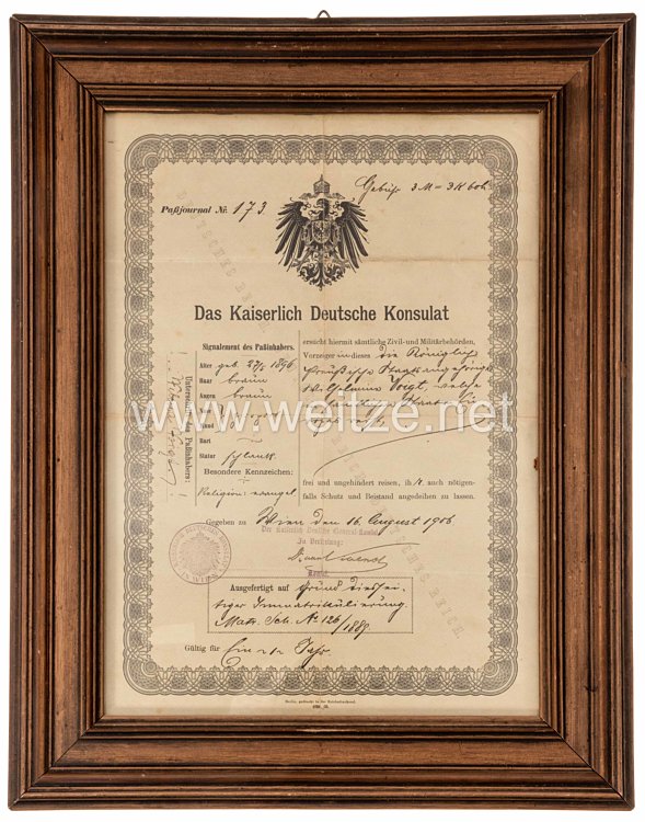 Deutsches Reich Pass für "Wilma Voigt" ausgestellt vom "Kaiserlich Deutsches Konsulat in Wien"