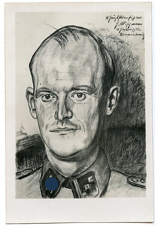 Waffen-SS Fotografie einer Portraitzeichnung eines SS-Obersturmführer der SS-Junkerschule Braunschweig