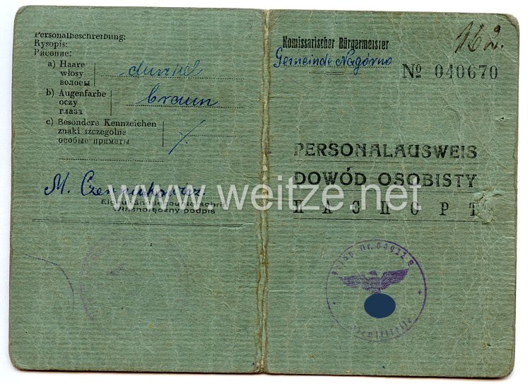 III. Reich / Kommissarischer Bürgermeister der Gemeinde Nagorno - Personalausweis für eine Frau des Jahrgangs 1921