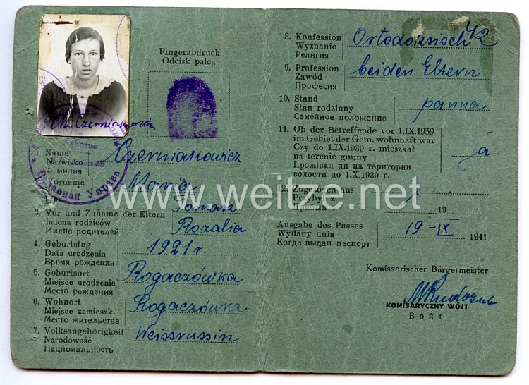 III. Reich / Kommissarischer Bürgermeister der Gemeinde Nagorno - Personalausweis für eine Frau des Jahrgangs 1921 Bild 2