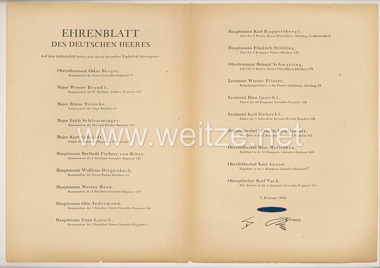 Ehrenblatt des deutschen Heeres - Ausgabe vom 7. Februar 1944
