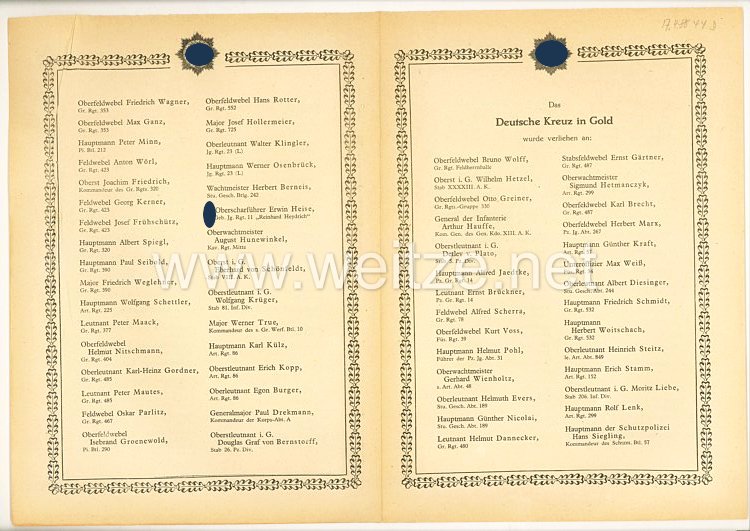Verleihungsliste für das Deutsche Kreuz in Gold - April 1944