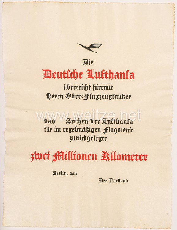 Deutsche Lufthansa - Verleihungsurkunde zum Abzeichen für zwei Millionen Kilometer