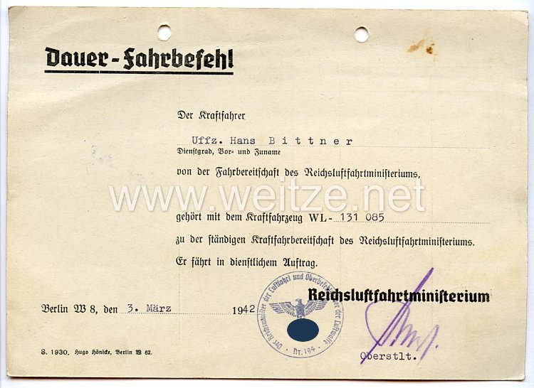 Luftwaffe - Dauer-Fahrbefehl für einen Kraftfahrer und Unteroffizier von der Fahrbereitschaft des Reichsluftfahrtministerium