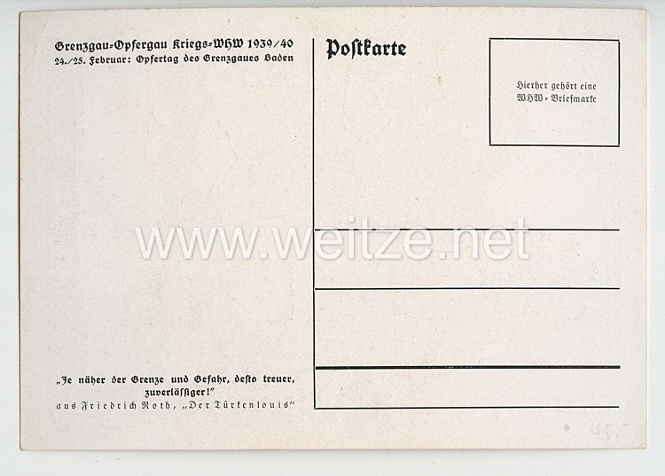 III. Reich - farbige Propaganda-Postkarte - " Grenzgau-Opfergau Kriegs-WHW 1939/40 - Opfertag des Grenzgaues Baden " Bild 2
