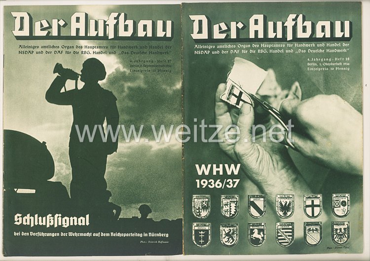 III. Reich - 2 x Ausgabe von : Der Aufbau - Alleiniges amtliches Organ der NS-Hago - 4. Jahrgang 1936 Folge 17 und 18