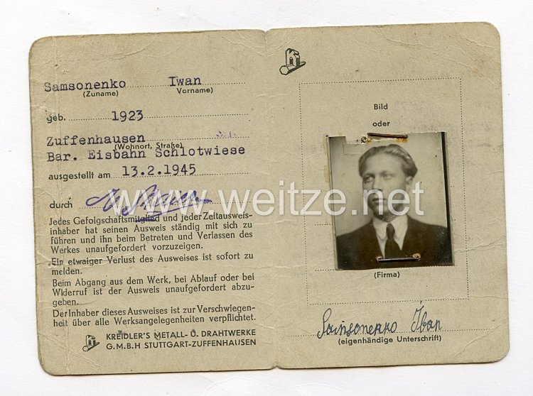 III. Reich - Personal - Ausweis für einen Ukrainischen Ostarbeiter des Jahrgangs 1923