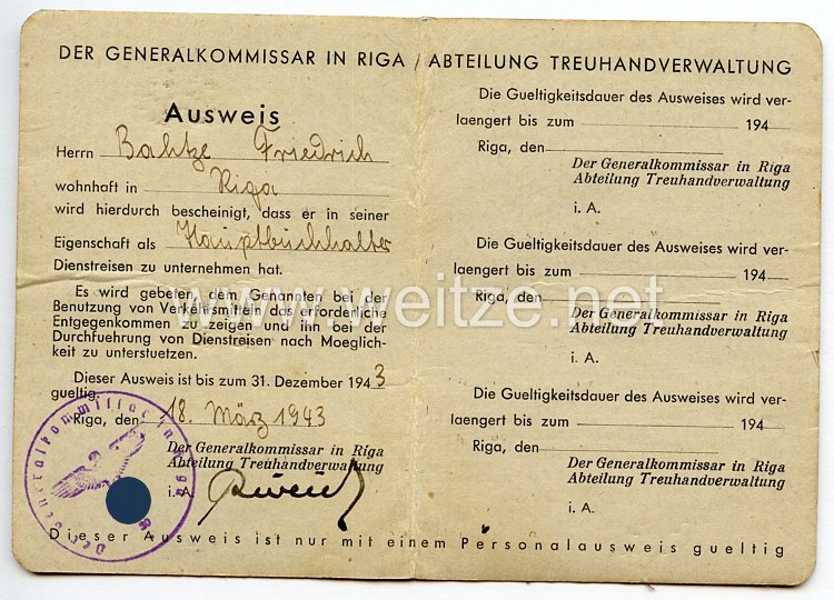 III. Reich / Generalkommissar in Riga - Abteilung Treuhandverwaltung - Ausweis für einen Mann