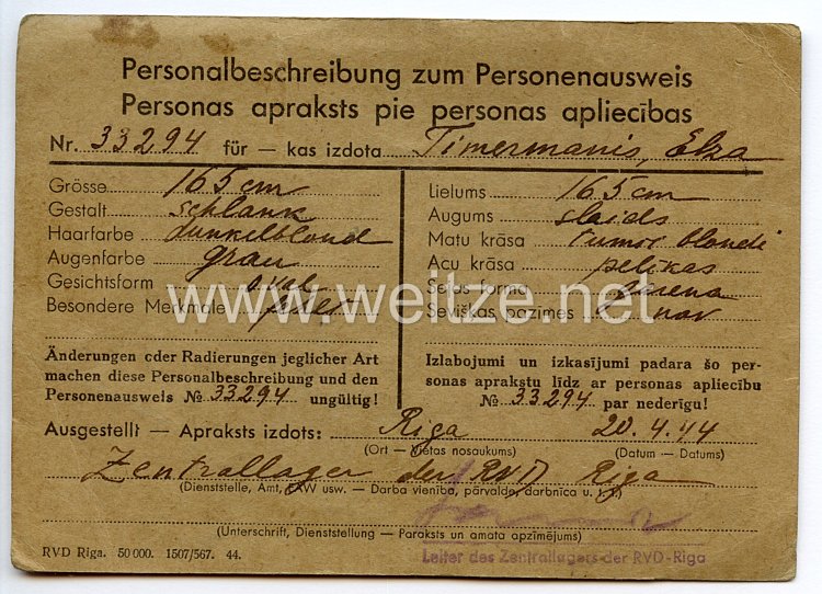 III. Reich / Lettland - Zentrallager des RND Riga - Personalbeschreibung zum Personenausweis für eine Frau