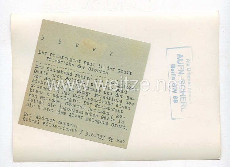 3. Reich Pressefoto: Der Prinzregent Paul in der Gruft Friedrichs des Großen 3.6.1939 Bild 2