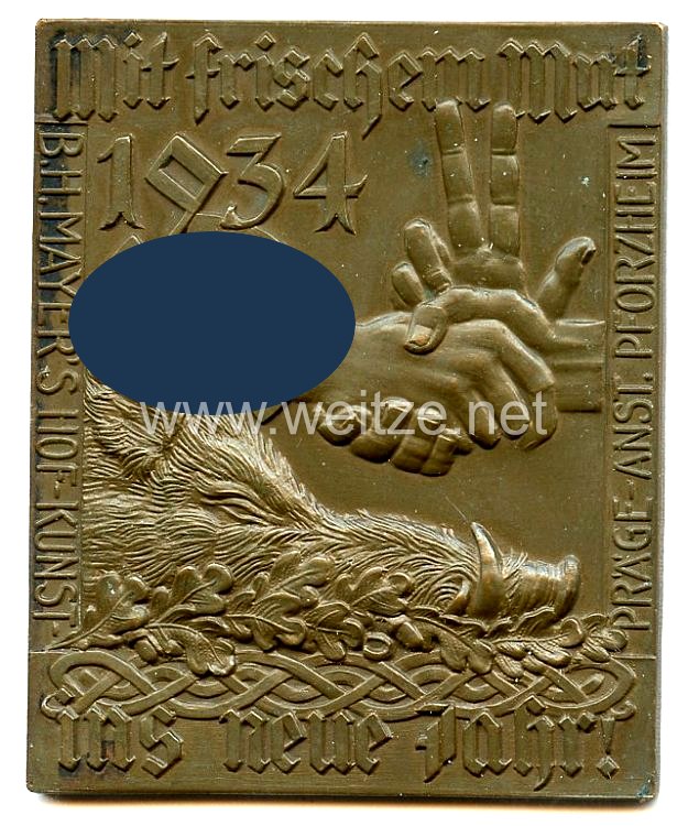 III. Reich - persönliche Geschenkplakette des Reichsjägermeisters Hermann Göring an den Reichsbauernführer Darré zum Neuen Jahr 1934