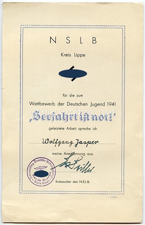 NSDAP / NSLB Amt für Erzieher Kreis Lippe - Anerkennungsurkunde für geleistete Arbeit beim Wettbewerb der Deutschen Jugend 1941 " Seefahrt ist not ! "