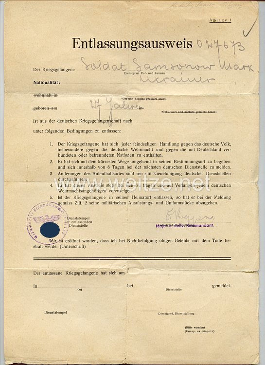 III. Reich - Entlassungsausweis für einen ukrainischen Kriegsgefangenen aus der deutschen Kriegsgefangenschaft
