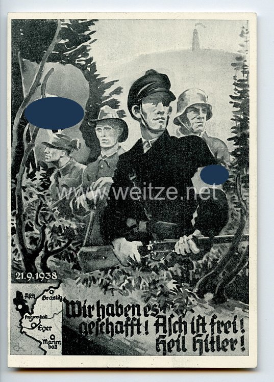 III. Reich / Tschechoslowakei - Propaganda-Postkarte " Wir haben es geschafft ! Asch ist frei ! Heil Hitler ! 21.9.1938 "