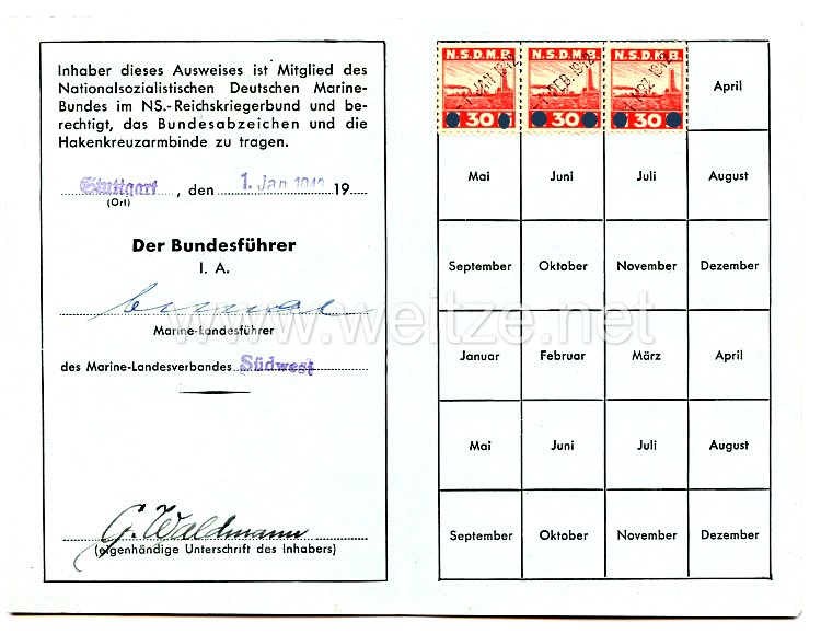 Nationalsozialistischer Deutscher Marine-Bund - Ausweis Bild 2