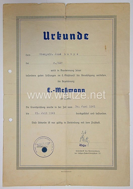 Luftwaffe - Ernennungsurkunde zum E.-Messmann