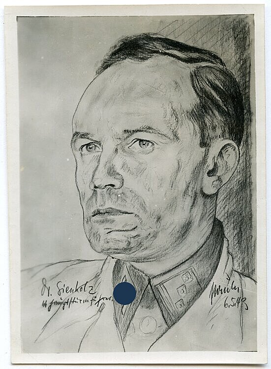 Fotografie einer Portraitzeichnung des Waffen-SS Obersturmführer 