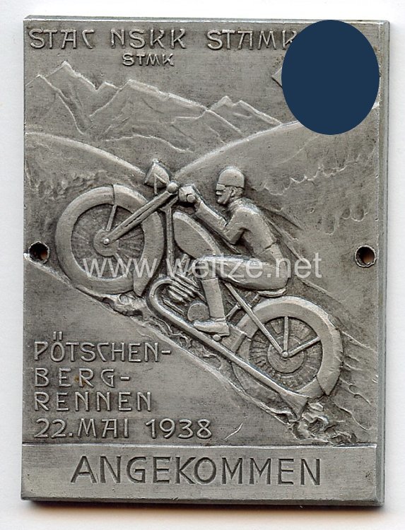 NSKK - nichttragbare Teilnehmerplakette - " Pötschenbergrennen 22. Mai 1938 angekommen "