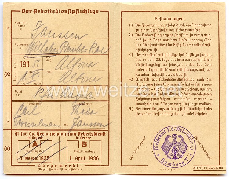 III. Reich - Musterung 1935 - Vorläufiger Entscheid über die Heranziehung zum Arbeitsdienst Bild 2