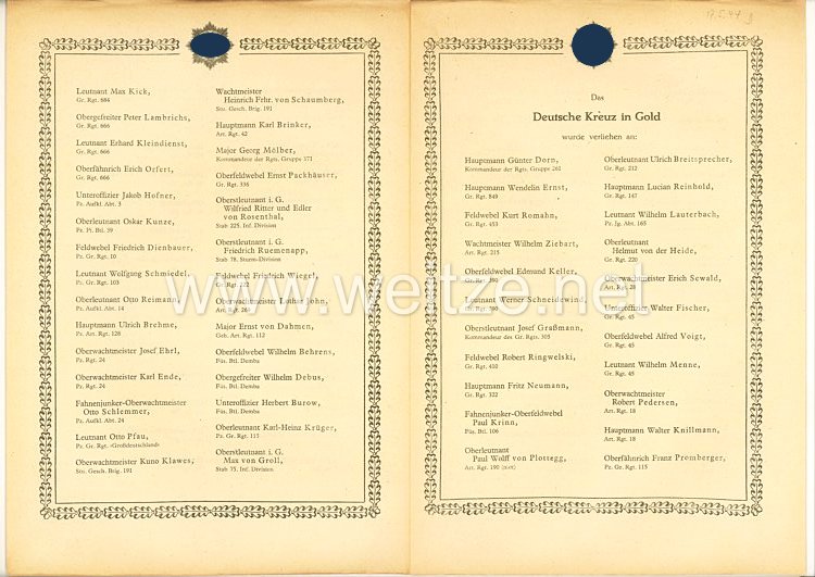 Verleihungsliste für das Deutsche Kreuz in Gold - Mai 1944